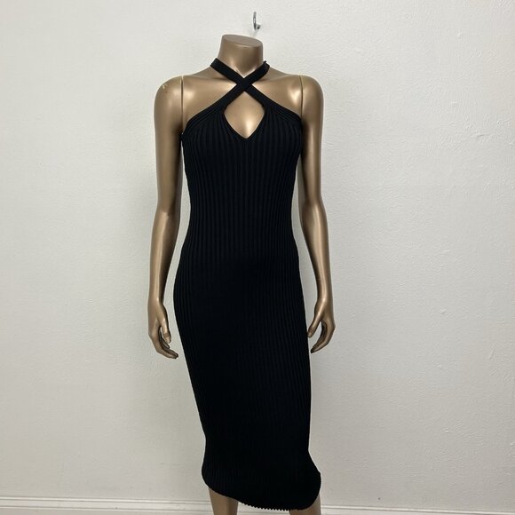 New Bebe Lindsey Halter Black Ribbed Bodycon Maxi Dress Size L Sleeveless - Picture 2 of 10
